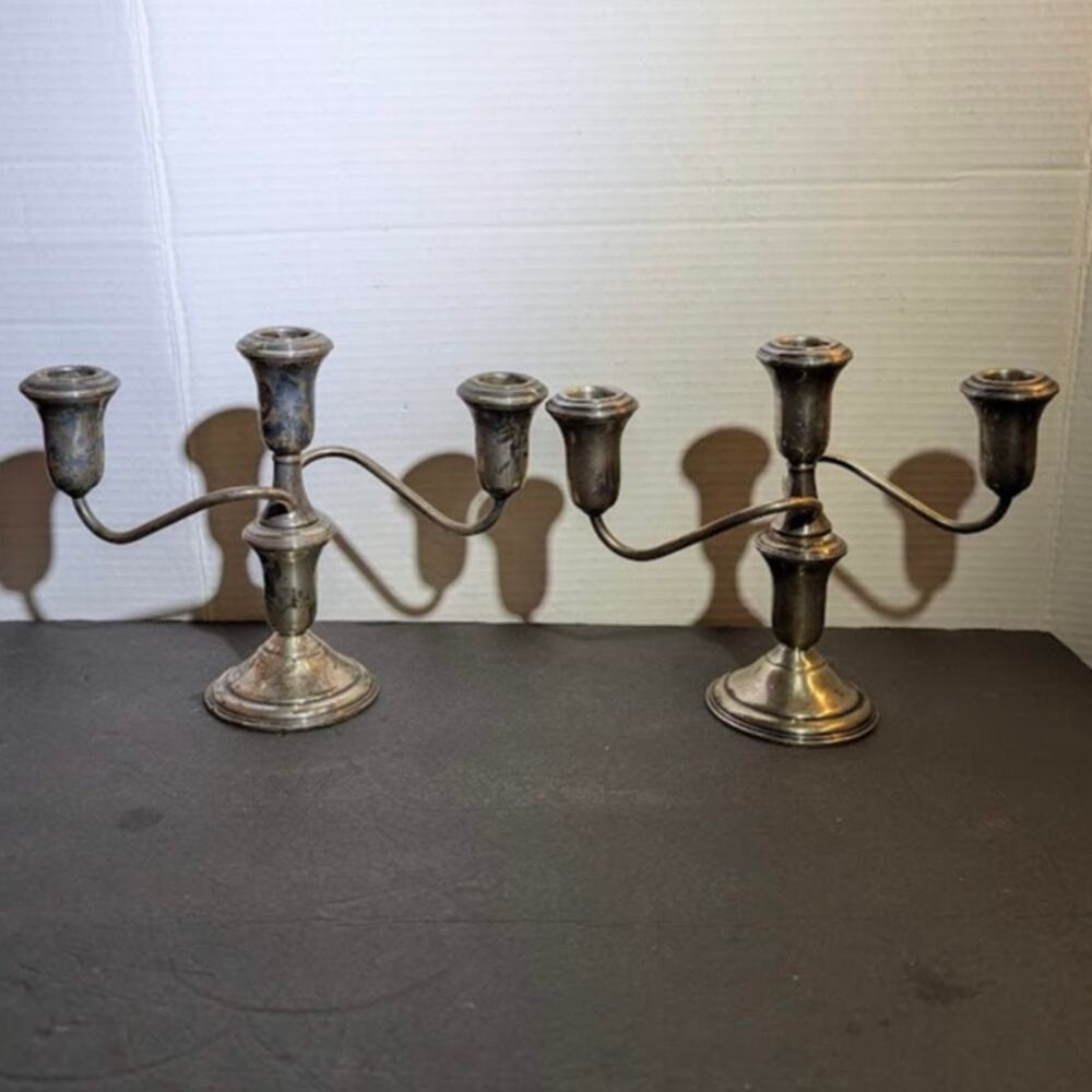 AMC Sterling Silver Weighted Pair Candle Holders Convertible Hollywood Regency